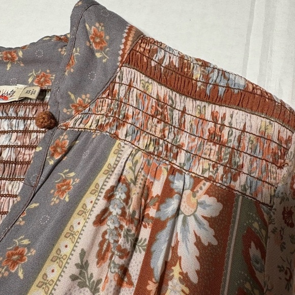 Faherty Floral Boho Prairie Midi Dress. Long Sleeve, Smocked Waist, Shoulder. - Picture 15 of 16